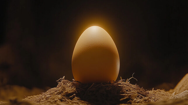 Golden Egg of Mystery: A singular, radiant egg rests nestled in a humble nest, radiating a mysterious, golden light that hints at the wonder within.