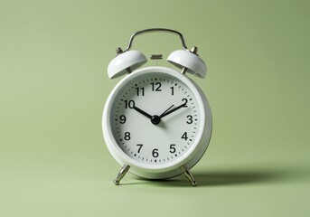 White alarm clock with bells on a light green background in a studio setting with soft lighting