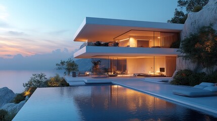 Fototapeta premium Luxury Cliffside Villa with Infinity Pool at Sunset
