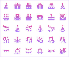 Birthday And party Technology Icon Set. Vector collection of celebration, event, cake, Firecracker, invitation, letter, gift, festival, mirror ball and elements symbols or logo element.
