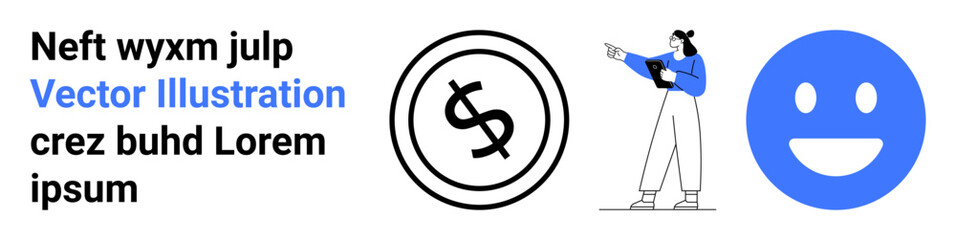 Woman gesturing toward a dollar sign and a happy face, symbolizing communication, finance, and happiness. Ideal for presentations, education, marketing, teamwork, finance emotions creativity