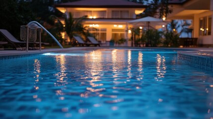 Spacious and luxurious hotel swimming pool with modern design elements and soft lighting, exuding elegance and relaxation