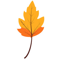 A flat vector illustration of a maple-shaped autumn leaf in orange and yellow tones, perfect for seasonal themes, nature projects, or decorative use.