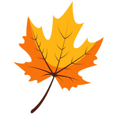 A flat vector illustration of a maple-shaped autumn leaf in orange and yellow tones, perfect for seasonal themes, nature projects, or decorative use.