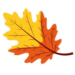 A flat vector illustration of a yellow and orange autumn leaf, ideal for seasonal designs, nature themes, educational projects, or decorative artwork.