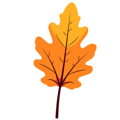A flat vector illustration of a maple-shaped autumn leaf in orange and yellow tones, perfect for seasonal themes, nature projects, or decorative use.