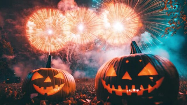 Spooky Halloween pumpkins glow brightly in night, surrounded by vibrant fireworks, creating festive outdoor celebration filled with autumn joy and excitement.