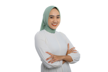 Beautiful young Asian woman in green hijab and white blouse suffering from headache, pressing finger to her temple with pain expression isolated on transparent background