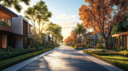 Fototapeta premium A serene neighborhood street lined with modern homes and vibrant trees, bathed in golden sunlight during a picturesque evening.