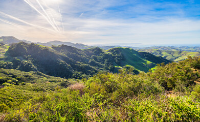 Breathtaking coastal hills of Cambria, California, with lush green landscapes overlooking the Pacific Ocean. Rolling terrain, scenic nature, and the iconic Morro Rock in the distance create a serene