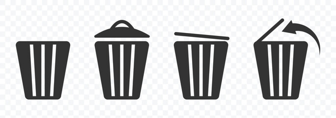 Bin silhouette icon set. Trash bin. Black vectors trash dustbin signs elements. Trash can symbol vector illustration.