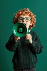 Fototapeta premium Curly-haired Kid with Green Megaphone