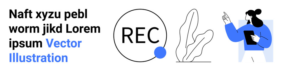 Woman holding tablet gestures toward text with recording icon and abstract decorative plant graphic. Ideal for education, teamwork, presentation, technology, communication, business, simple landing