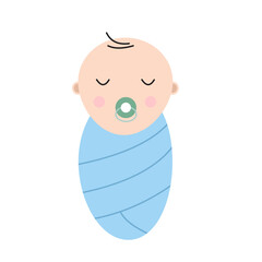 Cute newborn baby wrapped in a blue blanket, swaddled child, baby sleeping with a smile. Flat vector illustration isolated on white background.  