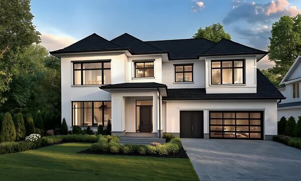 Modern white house with clean architecture, black trim, and lush landscaping under a clear sky. Perfect for luxury real estate and architectural themes.