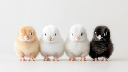 Fototapeta premium Adorable baby chicks different colors fluffy cute poultry farm animals