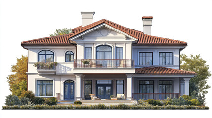 Fototapeta premium Elegant two story house with red roof and large windows, surrounded by greenery