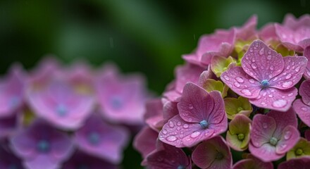 Close-Up of Blue Hydrangea with Rain Droplets

