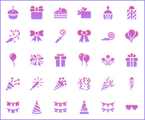 Birthday And party Technology Icon Set. Vector collection of celebration, event, cake, Firecracker, invitation, letter, gift, festival, mirror ball and elements symbols or logo element.