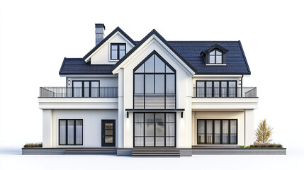 Modern two story house with large windows and dark roof