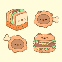 Vector cartoon illustration of food cute capybara bear sticker set Concept Isolated Flat
