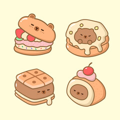 Vector cartoon illustration of food cute capybara bear sticker set Concept Isolated Flat