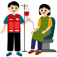 Blood donation, World Blood Donor Day concept. Male and female volunteers donate blood while sitting on a hospital medical chair with medical staff