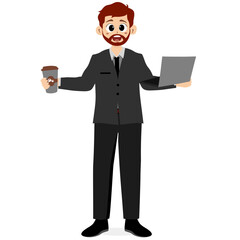 Businessman holding laptop and coffee, business activities. Man in suit with smile, full body photo