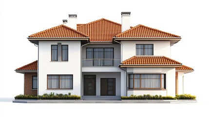 Obraz premium Elegant two story house with red roof and white facade, surrounded by greenery