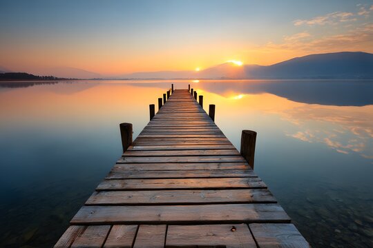 Old wooden pier extending into calm lake