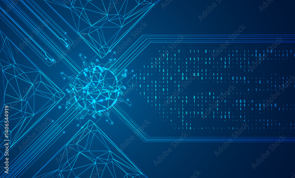 Poster abstract technology background with polygonal lines and code. artificial intelligence illustration. 