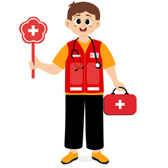 illustration of world red cross and red crescent day volunteers. half flat paramedic volunteers. blood donor day concept