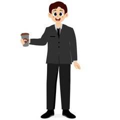 Businessman holding coffee, business activities. Man in suit with smile, full body photo