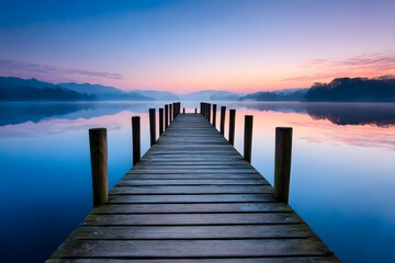Fototapeta premium Old wooden pier extending into calm lake