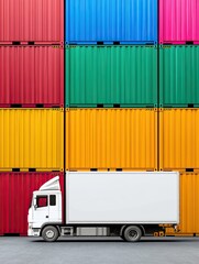 Trade War Tariffs Global Trade Impact Colorful Shipping Containers with Delivery Truck at Cargo Yard Trade War Tariffs Disruption Barrier In Global Shipping
