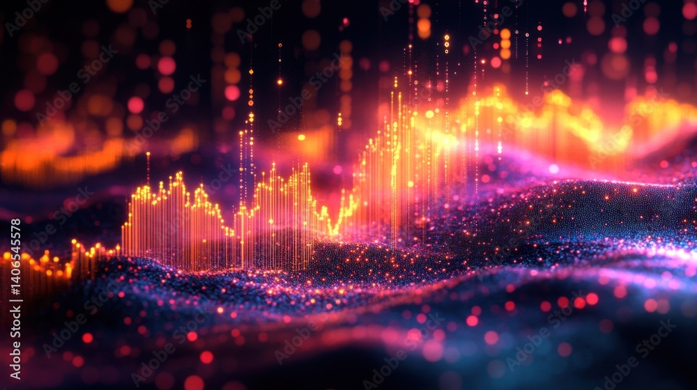 Poster a vibrant digital visualization depicting colorful waves and peaks, representing sound or data frequ