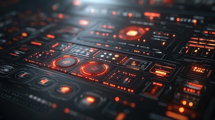 Futuristic digital dashboard with glowing red controls