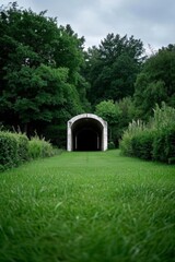 Fototapeta premium there is a tunnel in the middle of a field with trees in the background