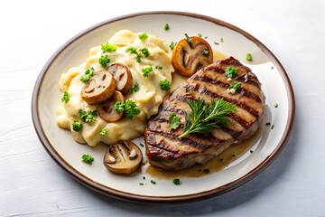 Grilled Steak with Creamy Mashed Potatoes and Mushrooms