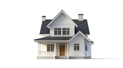 White house with gabled roof and front porch, isolated on white background