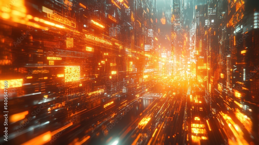 Poster a vibrant digital landscape featuring glowing data streams and abstract structures, creating a sense