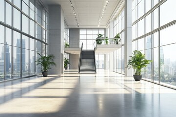 Fototapeta premium Modern spacious office lobby with city views