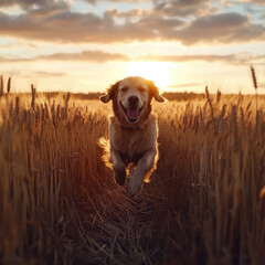 Golden Retriever running through a field of tall golden wheat, sunset casting a warm glow, peaceful countryside, hyper-detailed, photorealistic, UHD 8K 