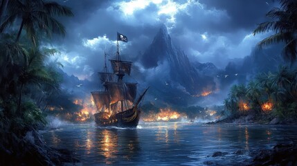 Obraz premium Pirate Ship Attacking Island at Night