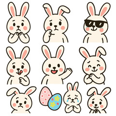 Cute and playful bunny characters express various emotions in this delightful illustration perfect for Easter celebrations. These charming bunnies bring joy to Easter day festivities