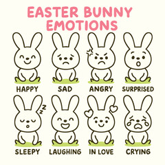 Easter brings delightful array of emotions as seen in these charming bunny illustrations. Each bunny expresses unique feeling from happy to sad, showcasing joy and complexity of Easter day