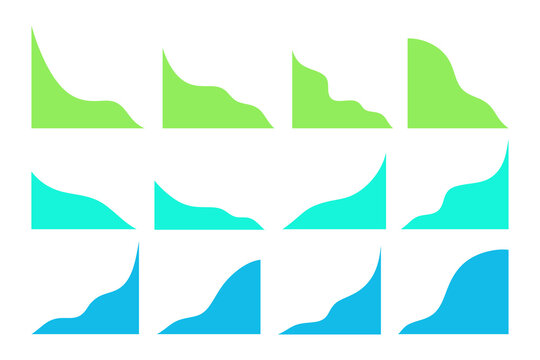 A set of isolated wavy abstract shape elements for border corner separators, frames for banners, applications, and websites. Minimalistic, modern figure templates for graphic design decoration, vector