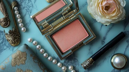 A creative beauty flat-lay with makeup spilling out of a vintage clutch, pearls, and gold accents