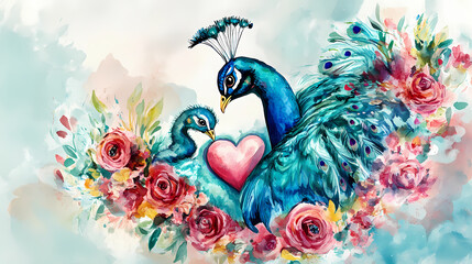 Obraz premium Royal Embrace Peacock and Chick Surrounded by Love and Blooms,Generative Ai