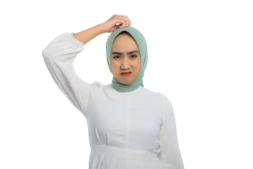 Beautiful young Asian woman in green hijab and white blouse scratching her head and looking confused isolated on transparent background